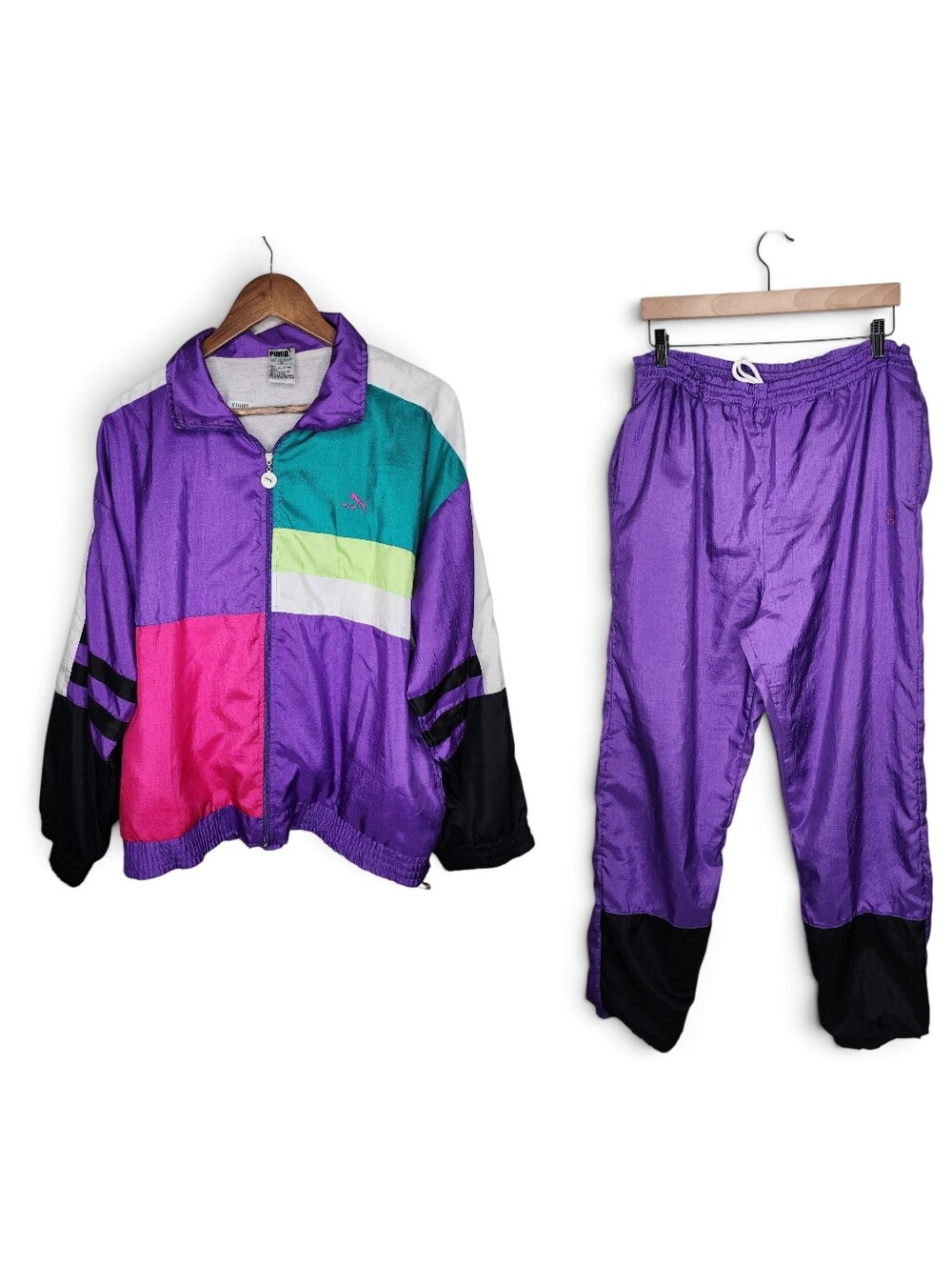 Puma 90s Vintage Two Piece Colorblock Tracksuit in Purple White Green Size M